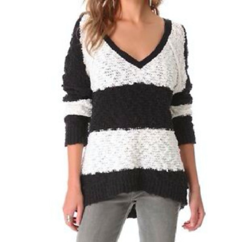 Free People Black and White Striped Boucle V Neck Sweater